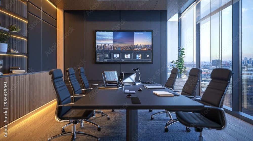Poster modern video conferencing setup with high-definition camera