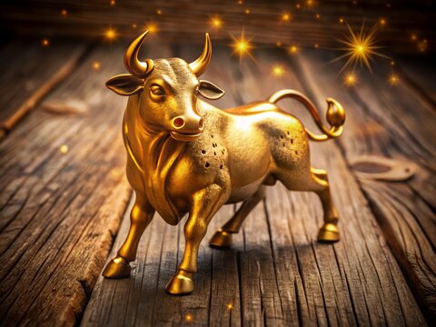Golden Bull figurine representing the Taurus zodiac sign symbol, adorned with astrological markings, placed on a rustic