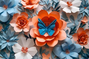 Vibrant Paper Flowers and Butterfly Art Composition