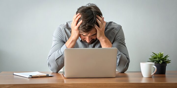 Hand Holding Head In Stress Or Frustration Over Laptop Computer; Work Overload Or Technology Problems