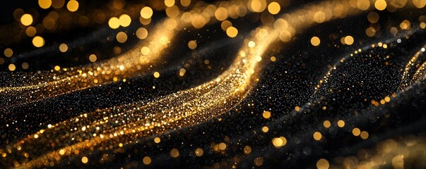 Chic gold shimmer trails with luminous rings set against black for festive times.