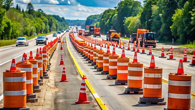 Heavy machinery and orange barrels line a closed lane on a Michigan highway during a summer 2016 road