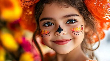 Obraz premium Little Girl with Sugar Skull Makeup and Floral Headband