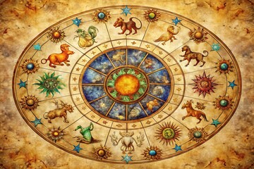 Obraz premium Intricate And Elegant Illustration Of The Twelve Zodiac Symbols Arranged In A Celestial Circle On A Parchment