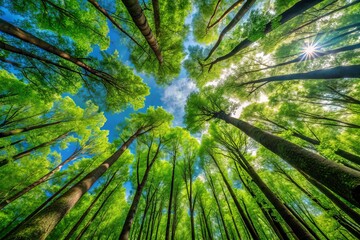 Lush Foliage Of A Dense Forest Of Tall Vibrant Green Trees Reaching Towards A Bright Sky