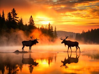 Majestic moose silhouettes stand solemnly against a vibrant orange and pink sunset backdrop, casting long shadows
