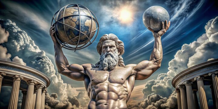 Majestic giant Atlas stands proudly, supporting the celestial sphere on his shoulders, surrounded by mystical clouds