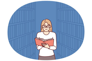 Woman is reading book in library, standing among shelves with textbooks and looking for right encyclopedia. Girl with book works as librarian or is visitor to bookstore and is fond of secondhand books