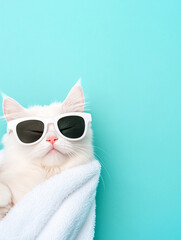 Closeup portrait of furry relax cat in fashion sunglasses and soft towel. Funny pet on bright pink background. Kitten in eyeglass. Fashion, style, cool animal concept with copy space.
