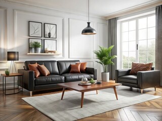 Fototapeta premium Modern living room with sleek black leather sofa, armchair, and coffee table set against crisp white walls, accented