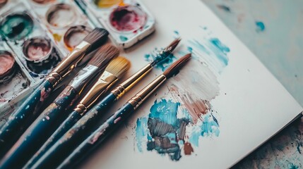 paint brushes next to drawing book and water color palette