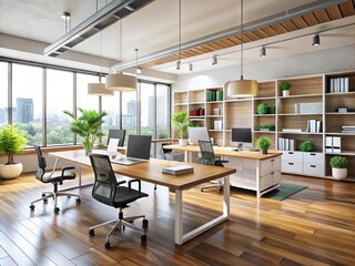 Modern office furniture showroom featuring sleek desks, ergonomic chairs, and stylish shelving units amidst a bright