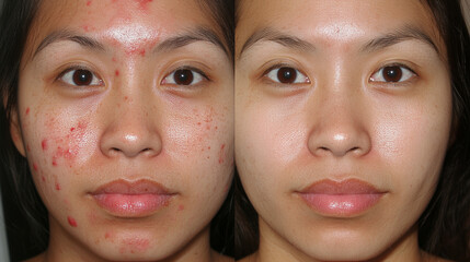 Closeup of Asian woman  face before and after treating red scar acne and pimples. Highlighting skincare and beauty concept.  For hairdresser service, salon promotion and beauty transformation.