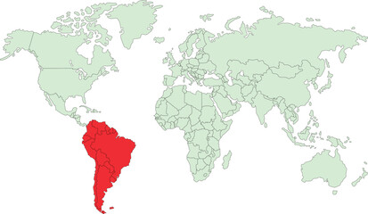 showing south America map by red color in world map