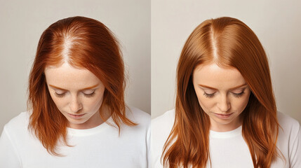 Before and after female hair restoration showcase effective hair loss treatment with increased hair density and improved scalp appearance. Comparison of hair thickness before and after hair transplant