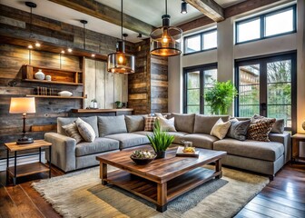 Fototapeta premium Modern rustic-chic living room with reclaimed wood accents, plush sectional sofa, and industrial-chic lighting