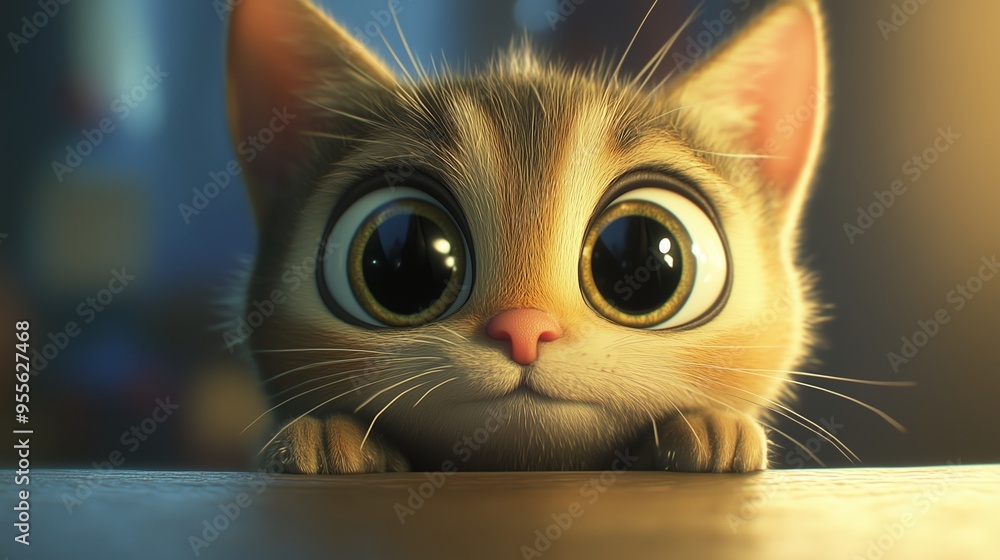 Aufkleber a curious kitten with large eyes gazes intently while perched on a table, illuminated by warm light 