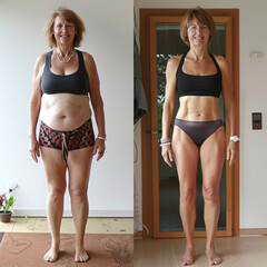 Before and after weight loss transformation of  mature woman. Fitness results, body transformation, and healthy lifestyle. For wellness programs, fitness promotions, or personal growth stories.