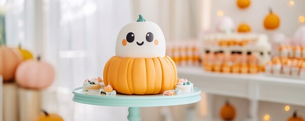 Adorable ghost-themed cake perched on a pumpkin at a festive halloween gathering