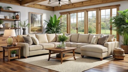 Fototapeta premium Neutral-toned sectional sofa and armchair with rolled arms, surrounded by warm wood accents, plants, and natural