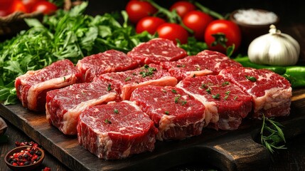 Fototapeta premium Meat and vegetables healthy food diet. Juicy steaks of fresh red meat. Barbecue set.