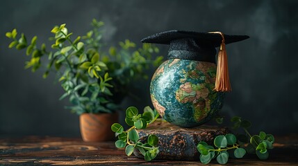 A globe with a graduation cap on top, symbolizing global education and learning.