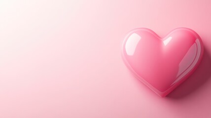 A glossy pink heart with a soft shadow on a light pink background, creating a minimalist and gentle design