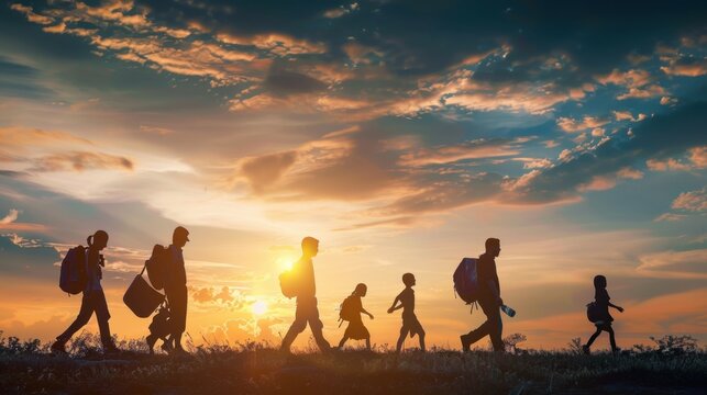 International Migrants Day. Silhouettes of walking migrants with bags and backpacks at sunset. Horizontal banner. Copy space. Problems of wars and poverty. Immigration concept