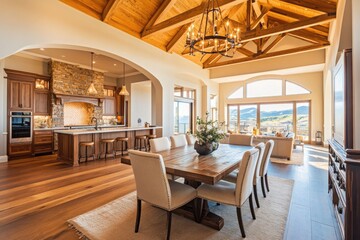 High End Dining. Luxury Living Room and Kitchen in New Home with Wood Beam Ceiling