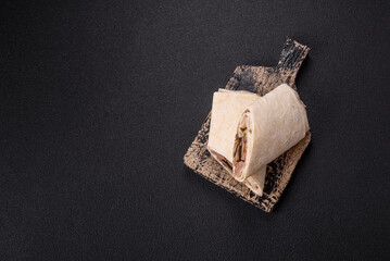 Delicious traditional shawarma or doner kebab with beef, mushrooms