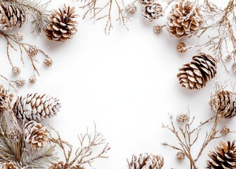 Naklejka premium High-res photo of a winter-themed design with pine cones on a snowy white backdrop.