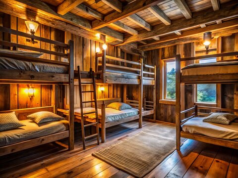 Rustic Bunkhouse Interior Showcasing Wooden Bunks, Cozy Bedding, And Warm Ambient Lighting Within A Cozy And Inviting