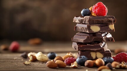 Nuts and Chocolates. Dark Chocolate Bar with Nuts on Wooden Background
