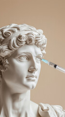 Classical bust statue with syringe.  Botox injection in forehead. Between eyebrows. Beauty and skin care concept. Wellness retreat, spa ads, beauty promotion, relax service, skincare routine, spa.