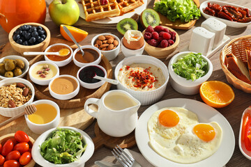 Different meals served for breakfast on wooden table