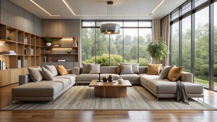 Sleek, modern living room with modular furniture pieces in neutral tones, seamlessly integrated to create a functional,