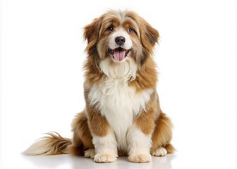 Smiling Medium-Sized Dog With Fluffy Brown And White Fur, Sitting Obediently In Front Of A White Background