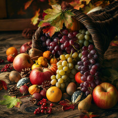 Cornucopia with autumn vegetables and fruits, Thanksgiving