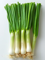 A bunch of fresh green onions with roots on a white surface.
