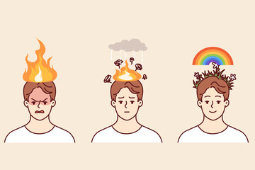 Angry man feels relieved and cleared of psychological negativity, standing with flame or rainbow above head. Guy in process psychological recovery thanks to psychotherapy or meditation practices