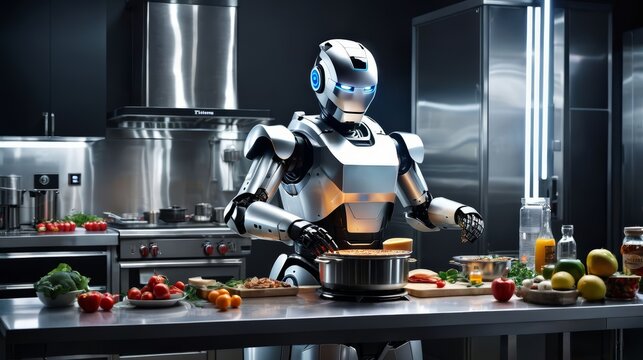 Robot Standing in a Kitchen Preparing Food