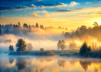 Fototapeta premium Soft, dreamy fog envelops a serene evening landscape, warm golden light fading into misty blue hues, with subtle