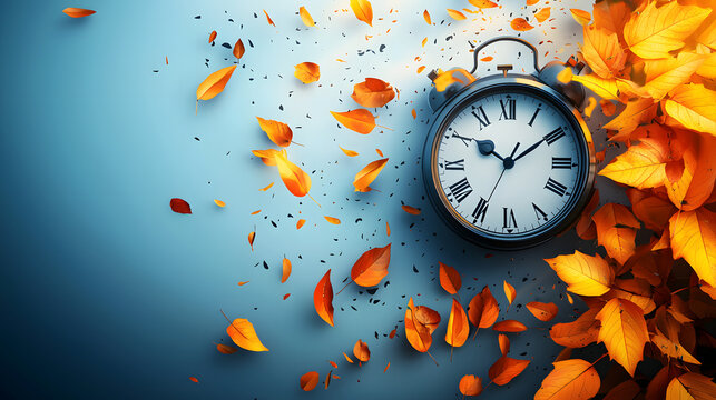 Daylight Saving Time ends , with clocks turning back, autumn leaves falling on blue background