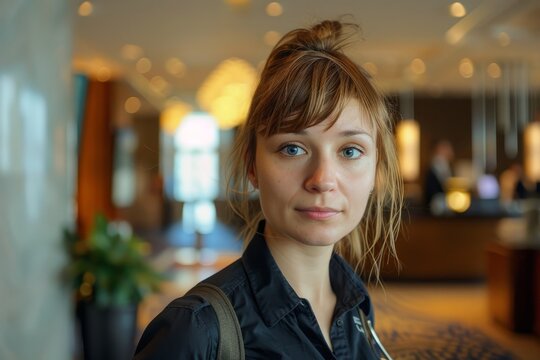 A focused event manager engages with team members, ensuring every detail of the logistics is perfectly arranged in a busy hotel environment