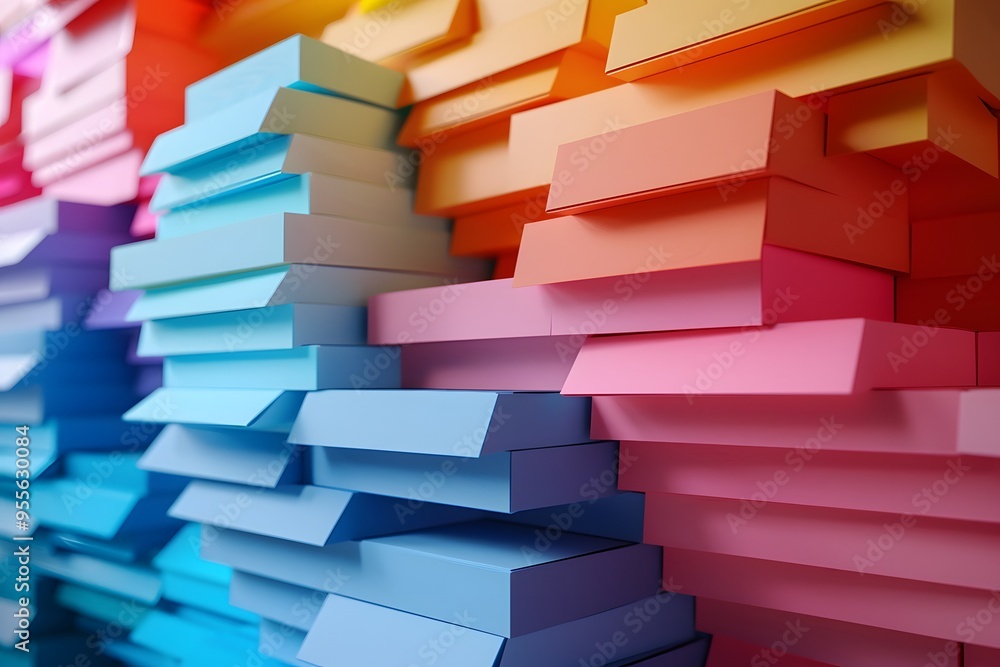 Poster vibrant stacks of colorful paper boxes in a gradient display