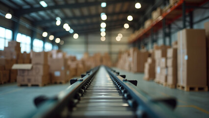 Cardboard Boxes on Conveyor Belt in Warehouse