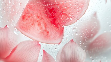 Delicate pink lotus petals and juicy watermelon slice submerged in water droplets, creating a refreshing summer ambiance