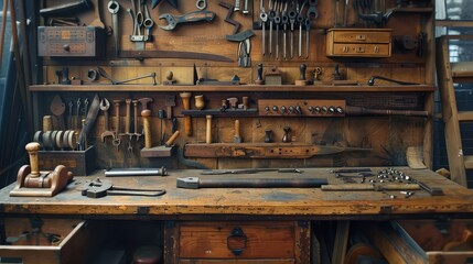 A collection of vintage tools displayed on a wooden workbench