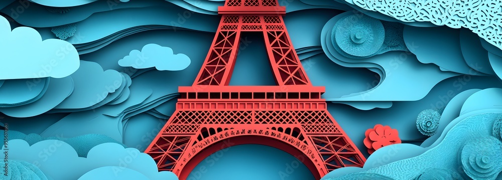 Poster 1. **create a 3d paper cut concept of the eiffel tower with detailed iron latticework and ample spac