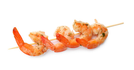 Skewer with delicious grilled shrimps isolated on white
